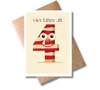 WBdesignz 4th Birthday Card with Envelope - Cute Greeting Card "Four Years Old" with Happy Number 4 Motif - Ideal for Children, Parents & Friends - Funny Birthday Card (A6)