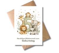 WBdesignz Animal Children's Birthday Card for 5th Birthday with Envelope - Cute Safari Animals Giraffe Lion Elephant Zebra Monkey - Zoo Animals - Congratulations Card for Children Boys Girls (A6)