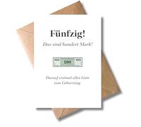 WBdesignz Birthday Card for 50th Birthday with Envelope - Greeting Card for Men and Women - Funny Congratulations Card "Das sind hundert Marks" (DIN A6)