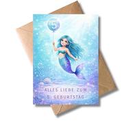 WBdesignz Birthday Card for 5th Birthday - Cute Congratulations Card with Envelope with Mermaid, Underwater World - Playful Congratulations Card for Daughter, Girls, Five-Years, Children (A6)