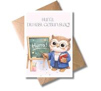 WBdesignz Birthday Card "Hurra, Du hast Geburtstag!" with Envelope - Cute Owl Teacher Card with Blackboard, Book & Glasses - Greeting Card Children, Students, Small Teachers for Birthday (DIN A6)