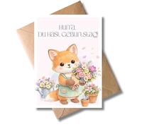 WBdesignz Birthday Card "Hurray, du hast Birthday" with Envelope - Cute Vixen with Bouquet and Garden Scenario - Pink Congratulations Card for Children's Birthday (DIN A6)