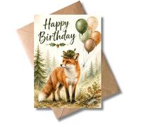 WBdesignz Birthday Card with Envelope - Happy Birthday - Hunter Card for Birthday with Fox Forest Balloons - Natural Greeting Card in Watercolour Style for Forester Hunter Hunting Comrades (DIN A6)
