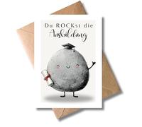 WBdesignz Card "Du ROCKst die Ausbildung" with Envelope - Cute Greeting Card for Training, Final Exam - Motivational Motif with Stone Character and Graduation Hat - for Trainees (DIN A6)
