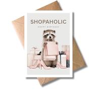 WBdesignz Card & Envelope - Raccoon Design - Shopaholic - Let's Go Shopping!" - Funny Birthday Card for Women & Girlfriends (A6) (Shopaholic - Happy Birthday)