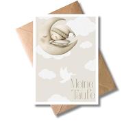 WBdesignz Christening Card with Envelope - Cute Greeting Card for Christening Occasion with Sleeping Baby on Moon, White Clouds and Dove - Lovely Card for Christening, Christening Gift, Christening