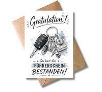 WBdesignz Congratulations Card for Passing Driving Licence Exam with Envelope - Cute Blue Congratulations Card for Men Boys - Car Key Motif - Driving Test, Graduation of Driving School (DIN A6)