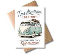 WBdesignz Congratulations Card for Passing Driving Licence with Envelope - The Adventure Begins - Fernweh Reisen - Cute Congratulations Card with Retro Bus Van Camper - for Friends Adventurous (DIN A6