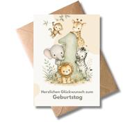 WBdesignz Cute 1st Birthday Card with Envelope - Cute Safari Animals Lion Elephant Giraffe Zebra Monkey - Greeting Card for Baby Toddler - Gift Card for Boys and Girls (A6)