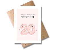WBdesignz Cute 20th Birthday Card with Envelope - Cute Number Twenty with Face - Congratulations Card - Happy Birthday - For Women Girlfriend Colleague - 20 Years (A6)