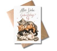 WBdesignz Cute Kittens 9th Birthday Card with Envelope - Sleeping Cats Babies - Birthday Card 9 Years for Children Boys Girls Cat Lovers - Happy Birthday Card for Children's Birthday (DIN A6)