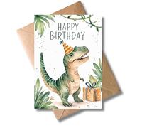 WBdesignz Dino Birthday Card with Envelope - Happy Birthday - Cool Greeting Card with Dinosaur with Gift and Party Hat - Congratulations Card for Boys, Children, Dinosaur Fans (DIN A6)