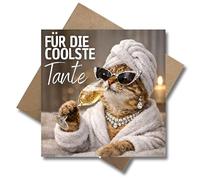 WBdesignz Funny Birthday Card for the Coolest Aunt with Envelope - Cat with Sunglasses, Bathrobe and Champagne - Humorous Birthday Card - For the Best Aunt (125 x 125 mm)