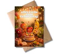 WBdesignz Funny Birthday Card with Envelope - Funny Greeting Card with Fruit Figures Motif - Alles Liebe zum Geburtstag - Peach Apple Strawberry Grape Banana (DIN A6)