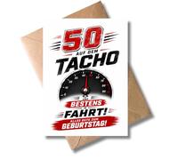 WBdesignz Funny Car 50th Birthday Card with Envelope - Speedometer Fifty - Funny Congratulations Card - Best on the Road - For Men Women Car Lovers - 50 Years (A6)