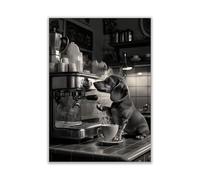 WBdesignz Funny Dog Poster - Dachshund Makes Coffee - Black and White Photo Poster as Humorous Wall Decoration for Kitchen, Cafe or Breakfast Corner (A4) - Without Frame