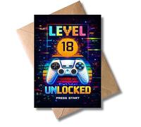 WBdesignz Gamer Birthday Card "Level 18 Unlocked" with Envelope - Gaming Greeting Card for 18th Birthday, Age of Age - for Gamers, Friends & Fans of Video Games - Neon Design (A6)