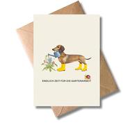WBdesignz Greeting Card with Envelope - Finally Time for Gardening - Retirement Leaving Card, Funny Retirement Card - Dachshund with Watering Can (A6)