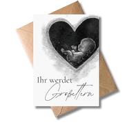 WBdesignz Greeting Card "You Will Be Grandparents" with Envelope - Elegant Black and White Card with Water-Coloured Heart Motif and Baby Silhouette - Loving Greeting Card for Expecting Grandparents