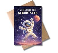 WBdesignz Kids Birthday Card with Envelope - Alles Liebe zum Geburtstag - Astronaut In Space Planets Stars Modern Card