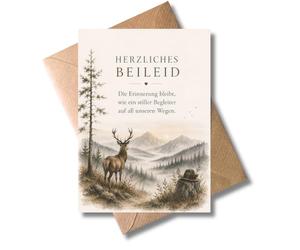 WBdesignz Natur Sympathy Card with Envelope - Herzliches Beileid - Watercolour Sympathy Card with Saying - Die Erinnerung bleibt - Sensitive Condolence Card with Deer - Hunter Nature Friends Forester