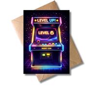WBdesignz Retro Arcade Birthday Card with Envelope - "Level Up!" Greeting Card for Gamers, Gamers, Children, Boys & Girls - Neon Coloured Card Level 6 for Sixth Birthday (A6)
