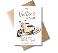 WBdesignz Retro Greeting Card for Scooter Driving Licence with Envelope - Full Throttle to the Future - Retro Vespa Scooter Two-Wheeler - Passed Driving Licence - For Beginners Men Women (DIN A6)