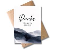 WBdesignz Set of 10 Mourning Thank You Cards "Danke für euer Beileid" with Envelopes - Condolence Cards with Watercolour Mountain Landscape in Blue Tones - Sympathy Cards for Farewell and Consolation