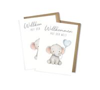 WBdesignz Set of 2 Birth Cards Welcome to the World with Envelopes - with Cute Elephant & Heart Balloon - Cute Greeting Cards for New Parents - Unisex Baby Cards for Birth (DIN A6)