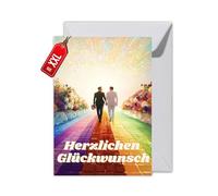 WBdesignz Wedding Card for Two Men - "Congratulations" - LGBTQ+ Card with Rainbow Path & Flowers - for Wedding, Engagement or Partnership (XXL DIN A4, LGBTQ+ Love)