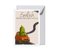 WBdesignz XXL Congratulations Card for Passing Driving Licence Test "Endlich darfst du rumGurken" with Envelope - Funny Driving Licence Card with Cucumber Motif, Greeting Card for Driving Licence (XXL