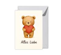 WBdesignz XXL Cute Bear Greeting Card with Envelope - "Alles Liebe" Card for Birthday, Girlfriend, Partner or as Consolation - Cute Teddy Bear with Red Heart, Romantic & Heartwarming (XXL DIN A4)