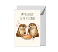 WBdesignz XXL Happy Birthday Card "Otter Half" with Envelope - Brown & Pink Otter Motif Card Cake Birthday - Funny Birthday Card for Partner and Favourite People - Congratulations (XXL DIN A4)