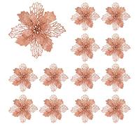 WBDWWTD 10pcs Glitter Artificial Poinsettia Flower with Berry Wedding New Year Christmas Cherry Flower Decorations Xmas Tree Ornament-rose gold,16cm