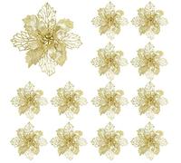 WBDWWTD 10pcs Glitter Artificial Poinsettia Flower with Berry Wedding New Year Christmas Cherry Flower Decorations Xmas Tree Ornament-Gold,11cm