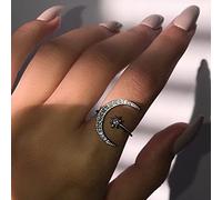 WBDWWTD AAA Cubic Zirconia Big Moon and Sun Star Ring 925 Sterling Silver Opening Ring Crescent Shape Rhinestone Finger Band Half Moon Sun Star Artificial Diamond Inlay Engagement Ring
