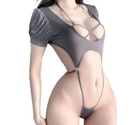 WBDWWTD Bunny Lingerie Costume Anime School Girl Cosplay Outfit Uniform Sheer Cutout Bodysuit One Piece String Tankini Bodycon Crisscross Halter Crop Top for Halloween Carnival