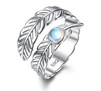 WBDWWTD KRFY 925 Sterling Silver Rings for Women Adjustable Feather Thumb Rings for Women Open Moonstone Angel Wings Ring for Women Men Silver Jewellery Gifts