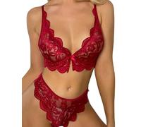 WBDWWTD Lace Bow Lingerie Set Women Underwear See-Through Bra and Knickers Set Hot Lady Nightwear Thin Cup Breathable Hollow Bra and Brief Set Deep V Neck Perspective Babydoll Outfit for Party