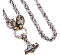 WBDWWTD Neklace for Men, Viking Mjolnir Wolf Head Stainless Steel Necklace - Nordic Celtic Thor's Hammer Pendant Byzantine Chain - Norse Odin Fenrir Amulet Pagan Animal Jewelry (Color : Two-Color,