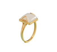 WBDWWTD S925 Silver with Natural White Jade Square Auspicious Cloud Ring