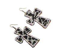 WBDWWTD Vintage Leather Cross Dangle Earrings for Women Girls Leopard Print Crystal Statement Drop Dangling Hook Stud Earring Boho Leopard-Print Earrings in an Exaggerated Cross