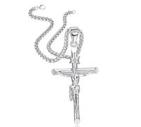 WBDWWTD YZCIS Sterling Silver Crucifix Necklace for Men Women - Men's Silver Crucifix Pendant Necklace with Stainless Steel Rope Chain Catholic Baptism Jesus Cross Necklace Jewelry Baptism Gifts