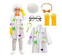 Wbesty 6Pc Kids Mad Scientist Costume with Lab Coat Frame Wig Gloves Bowtie & Magnifier Dress Up & Science Role Play for Kids, 3-4Y
