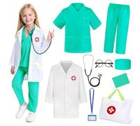 Wbesty Doctor Costume for Kids 9PC Boys Girls Doctor Role Play Outfit with Bag Kids Scrubs Dress Up for Halloween Pretend Play, Green 9-10Y