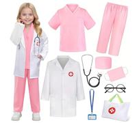 Wbesty Doctor Costume for Kids 9PC Boys Girls Doctor Role Play Outfit with Bag Kids Scrubs Dress Up for Halloween Pretend Play, Pink 7-8Y