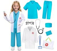 Wbesty Doctor Costume for Kids 9PC Boys Girls Doctor Role Play Outfit with Bag Kids Scrubs Dress Up for Halloween Pretend Play, Blue 7-8Y