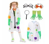 Wbesty Kids Mad Scientist Costume with Eyeglass Frames Magnifying Glasses, 5Pc Kids Lab Coat Set Dress Up for Halloween Party