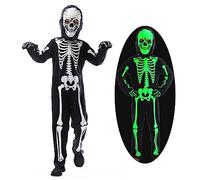 Wbesty Skeleton Costume Kids Glow in The Dark Boy Girls Halloween Scary Bodysuitwith Skeleton Hood Gloves, 5/7Y