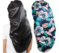 Wbfwbb Women's 2 Pcs Satin Hair Bonnets, Black, One Size, Flower Pattern, Lightweight, For Long Hair, Daily Use